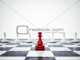 Red pawn ahead of white pawns. 3D Rendering