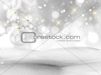 3D snowy landscape with hanging Christmas decorations