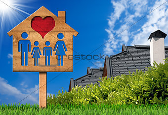Wooden Sign with Model House Heart and Family
