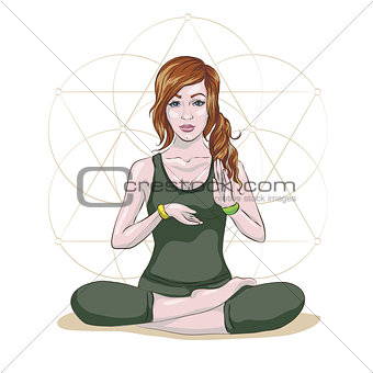 Woman practicing mindfulness meditation, she is sitting in the lotus position and she is surrounded by health and wellness concepts