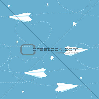 Seamless paper airplane background with hearts