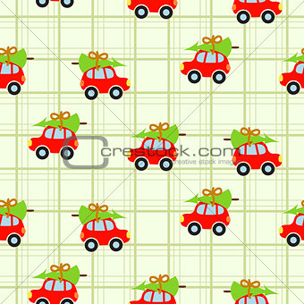 Winter tree on car roof green checkered seamless vector pattern.