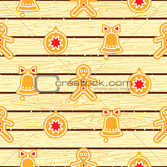 Gingerbread cookies on wood planks vector seamless pattern.