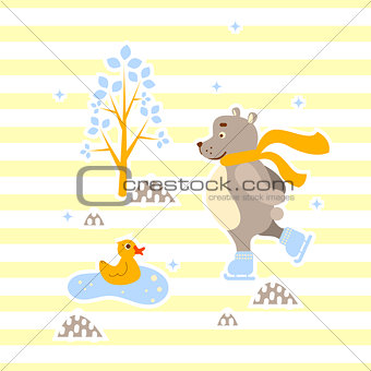 Cute bear and duck friends ice-skating vector illustration for print.