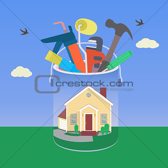 House with tool in colorful design