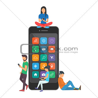 Young children are near a large smartphone and using phones to read news and communicate.