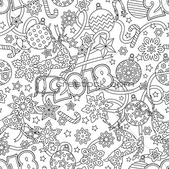 New year 2018 hand drawn outline festive seamless pattern with snowflakes, christmas balls, deers and stars isolated on white background. coloring antistress book for adult.