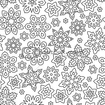 Abstract hand drawn outline seamless pattern with snowflakes isolated on white background. coloring antistress book for adult and older children.