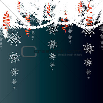 Christmas card. Winter background with spruce branches with snow