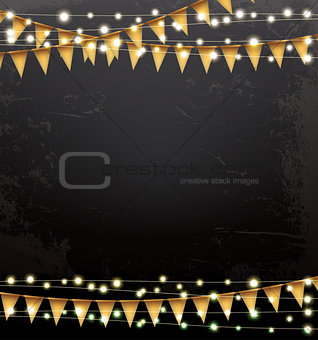 Empty Christmas Template with Neon Garlands and Flags.