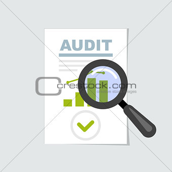 Audit and report icon - magnifier on, verification and review co