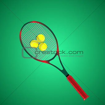 Tennis racket and ball isolated on green background. Vector illustration
