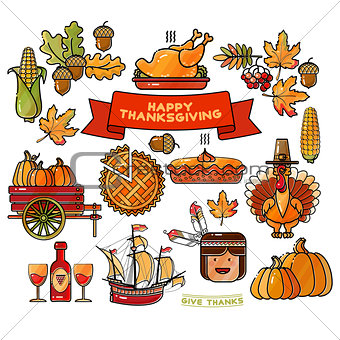 Vector set of  cartoon icons for Thanksgiving day.