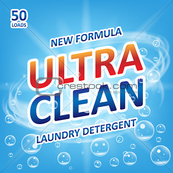 Ultra clean Soap design product. Template for laundry detergent with bubbles on blue. Package design for Liquid Detergents or Washing Powder. Vector illustration