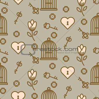 Bird cage romantic seamless vector pattern.