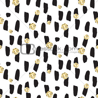 Black paint brushstrokes with glitter dots seamless vector pattern.