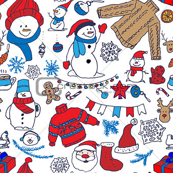 Vector winter seamless pattern with snowman, sweater and snowflakes