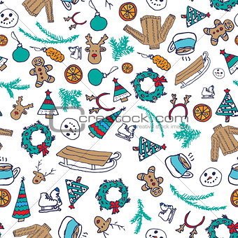 Vector winter seamless pattern with snowman, sweater and snowflakes