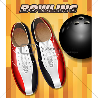 Bowling shoes and ball on bowling court parquet surface