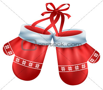 Red mittens pair santa isolated on white background. Christmas accessory