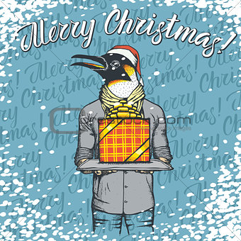 Vector illustration of penguin on Christmas with gift
