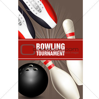 Bowling tournament poster with bowling shoes, skittles and ball 