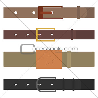 Set of different flat colored belts, vector illustration.
