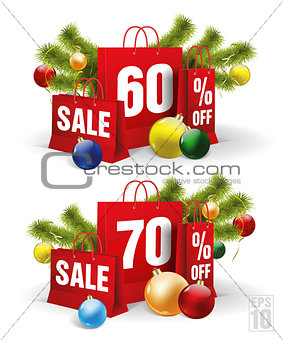 christmas shopping bag printed with a sixty and seventy discount. Vector