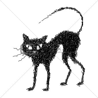 Black cat, drawn by hand. Vector