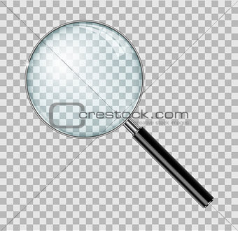 Magnifying glass with steel frame isolated. Realistic Magnifying glass lens for zoom on checkered background. vector illustration