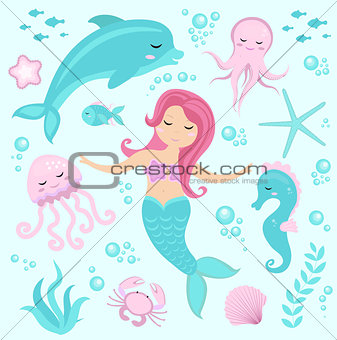 Cute set Little mermaid and underwater world. Fairytale princess mermaid and dolphin, octopus, seahorse, fish, jellyfish. Under water in the sea mythical marine collection.