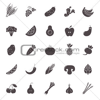Fruit and Vegetables icon set. Vegan natural bio pictograms. Artichoke, asparagus, wheat, bananas, grapes, leeks, garlic, ginger and others organic food signs.