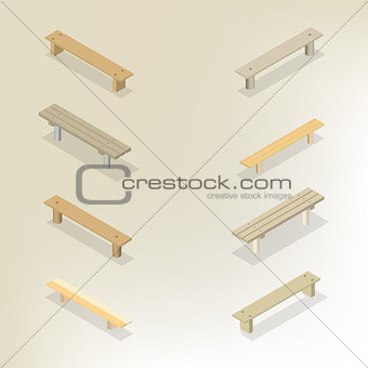 Set of wooden benches 3D, vector illustration.