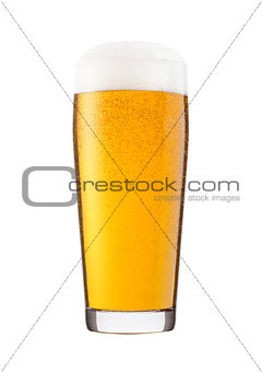 Cold glass of lager beer with foam and dew