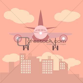 plane in front of big city silhouette, flat style illustration