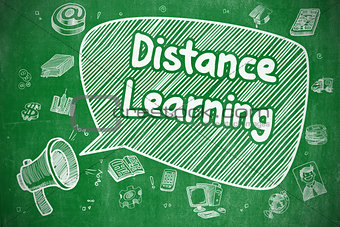 Distance Learning - Doodle Illustration. Green Chalkboard.