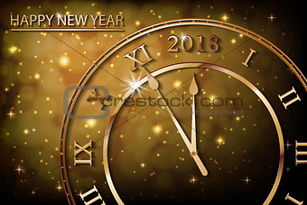Happy New 2018 Year with bokeh and lens flare pattern in vintage color style background. New Year banner with gold clock. Vector illustration