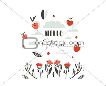 Hand drawn vector abstract greeting cartoon autumn graphic decoration header with set of berries,leaves,branches,apple harvest and modern typography phase Hello Autumn isolated on white background