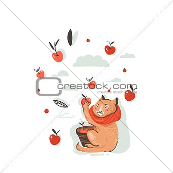 Hand drawn vector abstract greeting cartoon autumn illustration with cute cat character collected apple harvest with berries,leaves and branches isolated on white background.