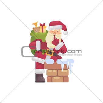 Santa Claus climbing into the chimney with a bag of presents. Ch