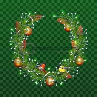 Christmas wreath of fir branches on transparent green background. Holiday decoration christmas balls, pine cones, bullfinch and titmouse