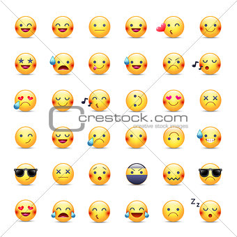 Smileys vector icon set. Emoticons pictograms. Happy, merry, singing, sleeping, ninja, crying, in love and other round yellow smileys. Large collection of smiles