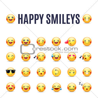 Happy smileys vector icon set. Emoticons pictograms collection. Happy round yellow smileys. Large collection of smiles