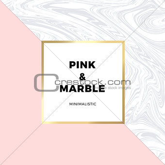 Trendy pink geometric card or flyer design wiht contrast shapes, marble texture, gold frame and space for text. Vector illustration.