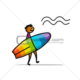 Boy with surfboard, sketch for your design