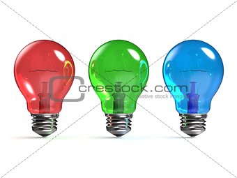 RGB red, green and blue light bulbs 3D
