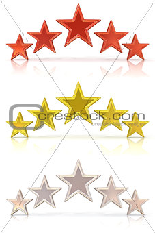 Collection of 3D rendering of five red, gold and white stars