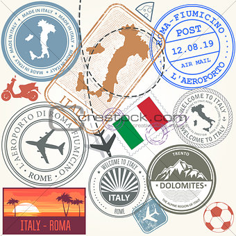 Travel stamps set - Italy and Rome journey symbols
