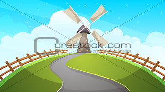 Mill, fence, road - cartoon illustration.