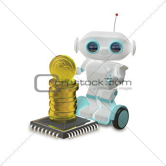 3D Illustration Robot and Bitcoins